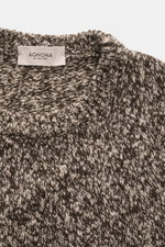 Agnona Crew neck sweater taupe/dark brown melange shown from above, highlighting the medium-coarse knit, crew neckline, and soft wool-cashmere blend. Timeless autumn and winter elegance with regular fit, flexible ribbed cuffs, and small metal logo.