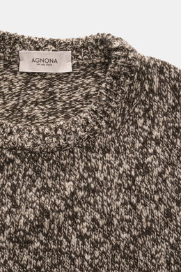 Agnona Crew neck sweater taupe/dark brown melange shown from above, highlighting the medium-coarse knit, crew neckline, and soft wool-cashmere blend. Timeless autumn and winter elegance with regular fit, flexible ribbed cuffs, and small metal logo.