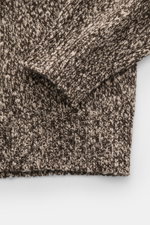 Agnona Crew neck sweater taupe/dark brown melange shown in close-up from above, featuring a blend of wool and cashmere, soft feel, medium-coarse knit, regular fit, crew neckline, flexible ribbed cuffs, and small metal logo.
