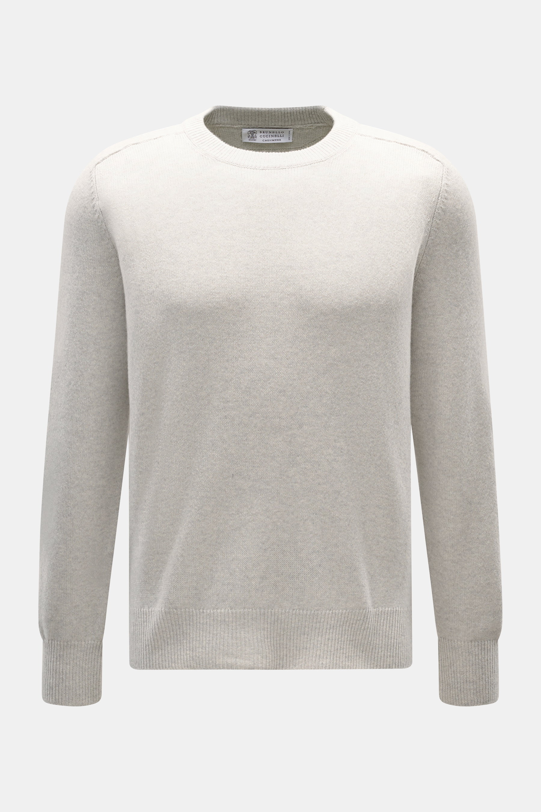 Front view of Brunello Cucinelli Cashmere crew neck sweater light grey/sand melange, pure cashmere with fine knit, suede elbow patches, ribbed cuffs.