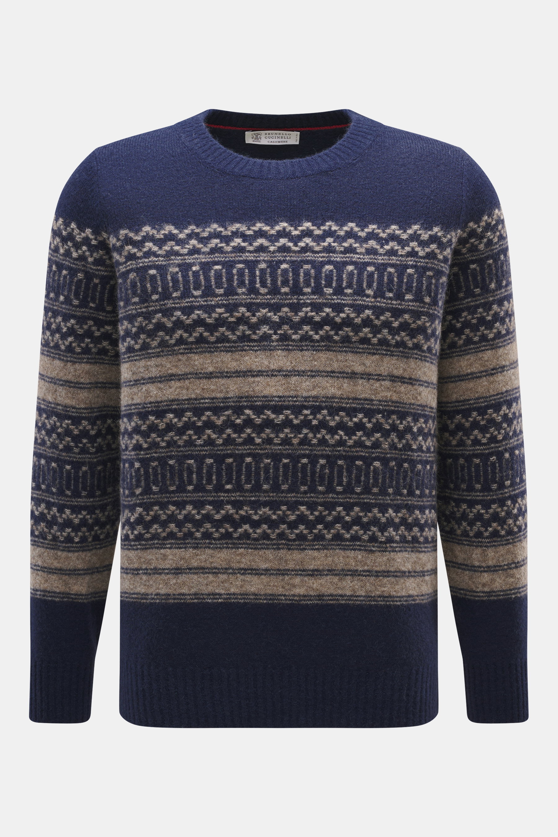 Brunello Cucinelli Crewneck Sweater dark blue/taupe patterned, front view, medium-fine knit with intarsia pattern, crew neckline, ribbed cuffs, regular fit. As a versatile casual essential, this Norwegian-style sweater by BRUNELLO CUCINELLI offers not onl