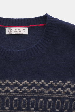 Brunello Cucinelli Rundhalspullover dunkelblau/taupe gemustert, Nahaufnahme von oben, weicher Alpaka-Cashmere-Mix, Intarsienmuster, Rundhalsausschnitt.