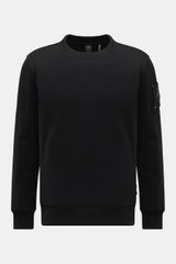 Moose Knuckles Sweatshirt 'Hartsfield Crew' schwarz, Vorderansicht, aus reiner Baumwolle mit weichem Griff, Rundhals, Metall-Logo-Patch am Oberarm.