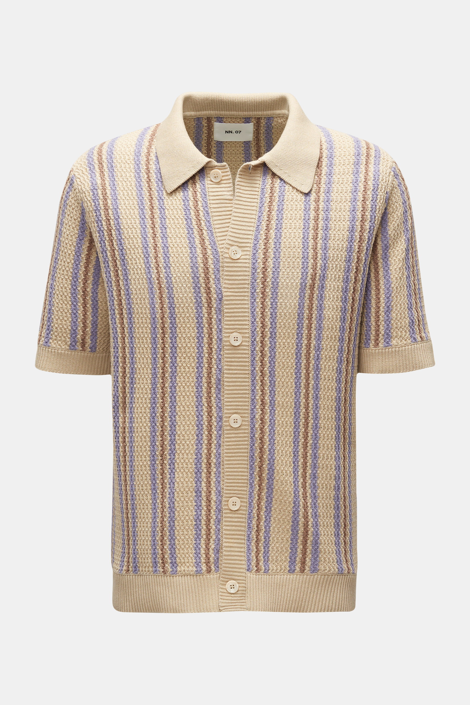 NN.07 Kurzarm-Strickhemd 'Jackie' schmaler Kragen beige/flieder/braun gestreift