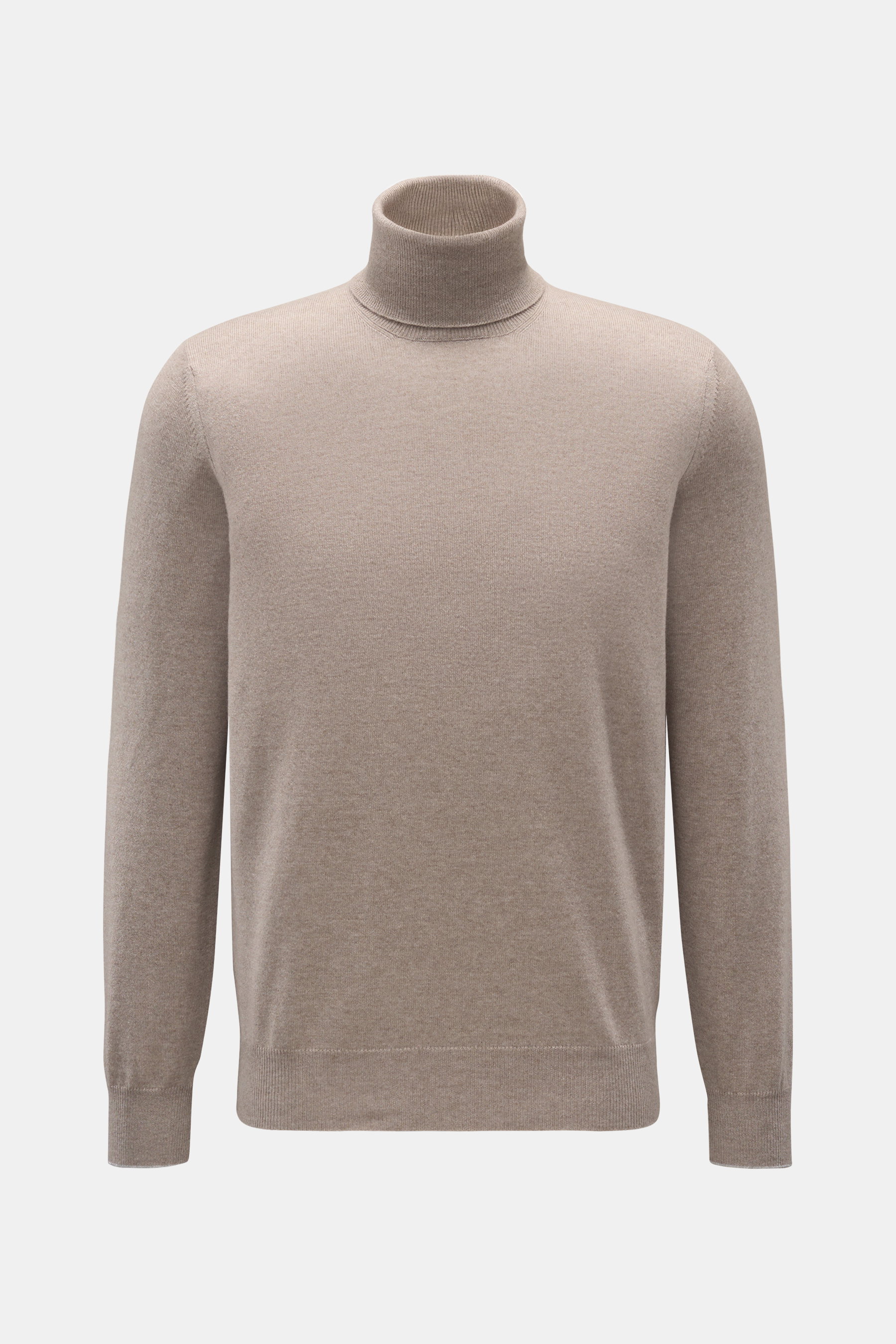 Brunello Cucinelli Cashmere Rollkragenpullover taupe meliert, frontale Nahaufnahme, feines Strickbild, schmale Kontrastkanten, weicher Griff, Regular Fit.