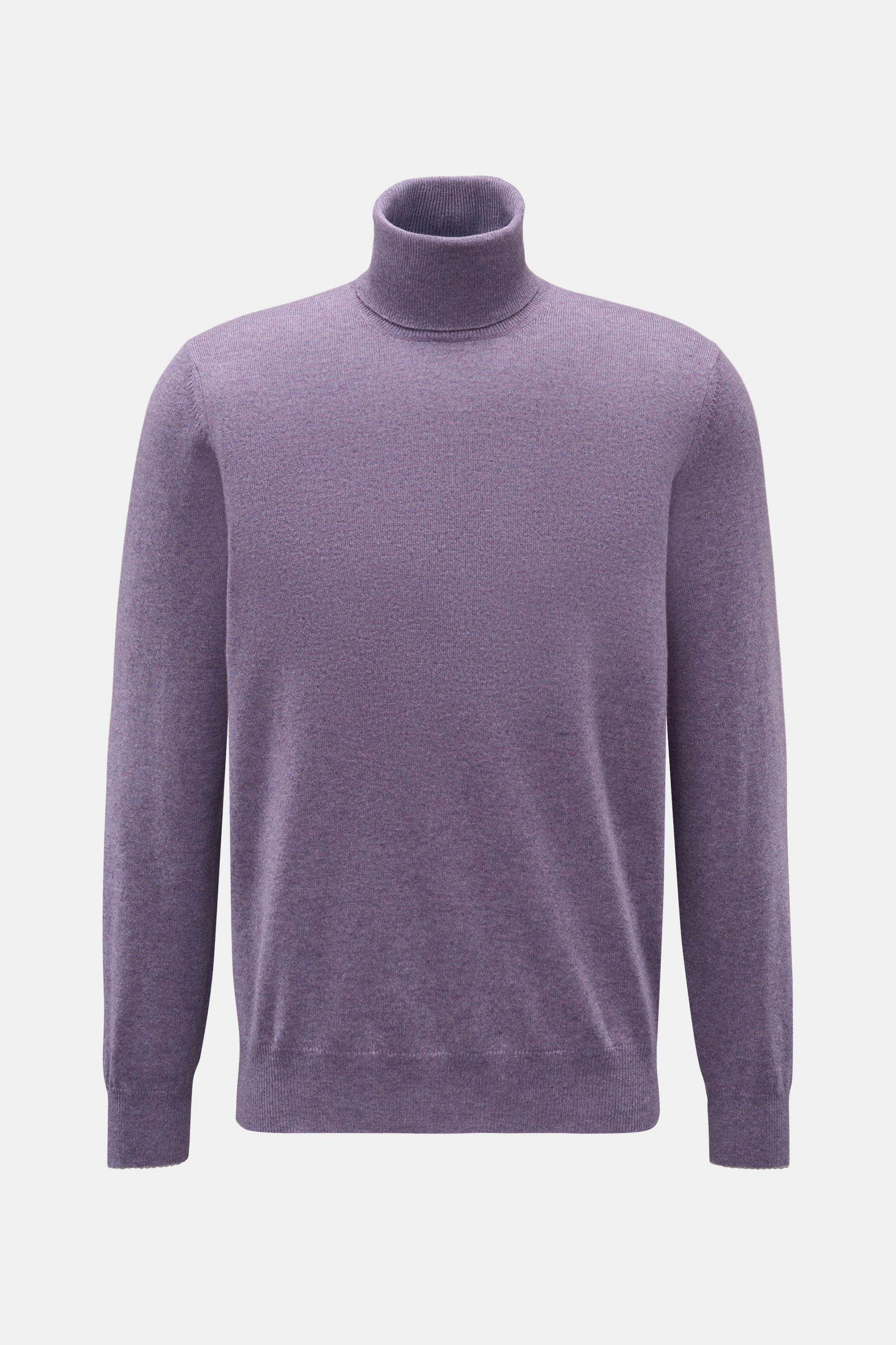 Brunello Cucinelli Cashmere Rollkragenpullover violett meliert, Frontansicht, feines Strickbild, reiner Cashmere, Regular Fit, Rollkragen, weiche Haptik.
