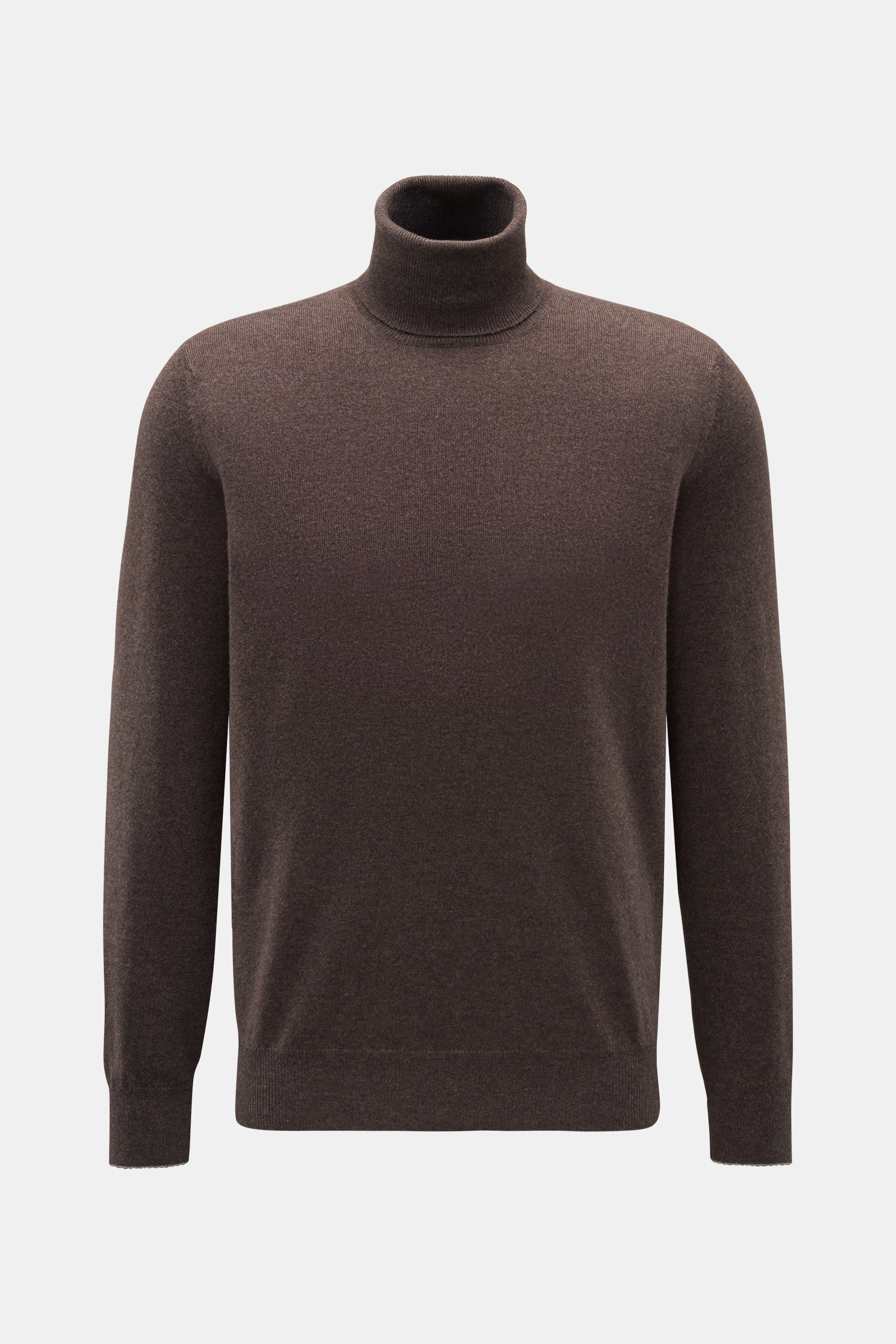 Brunello Cucinelli Cashmere Rollkragenpullover graubraun meliert, frontal fotografiert, Regular Fit, feines Strickbild, weicher Griff, Kontrastkanten.