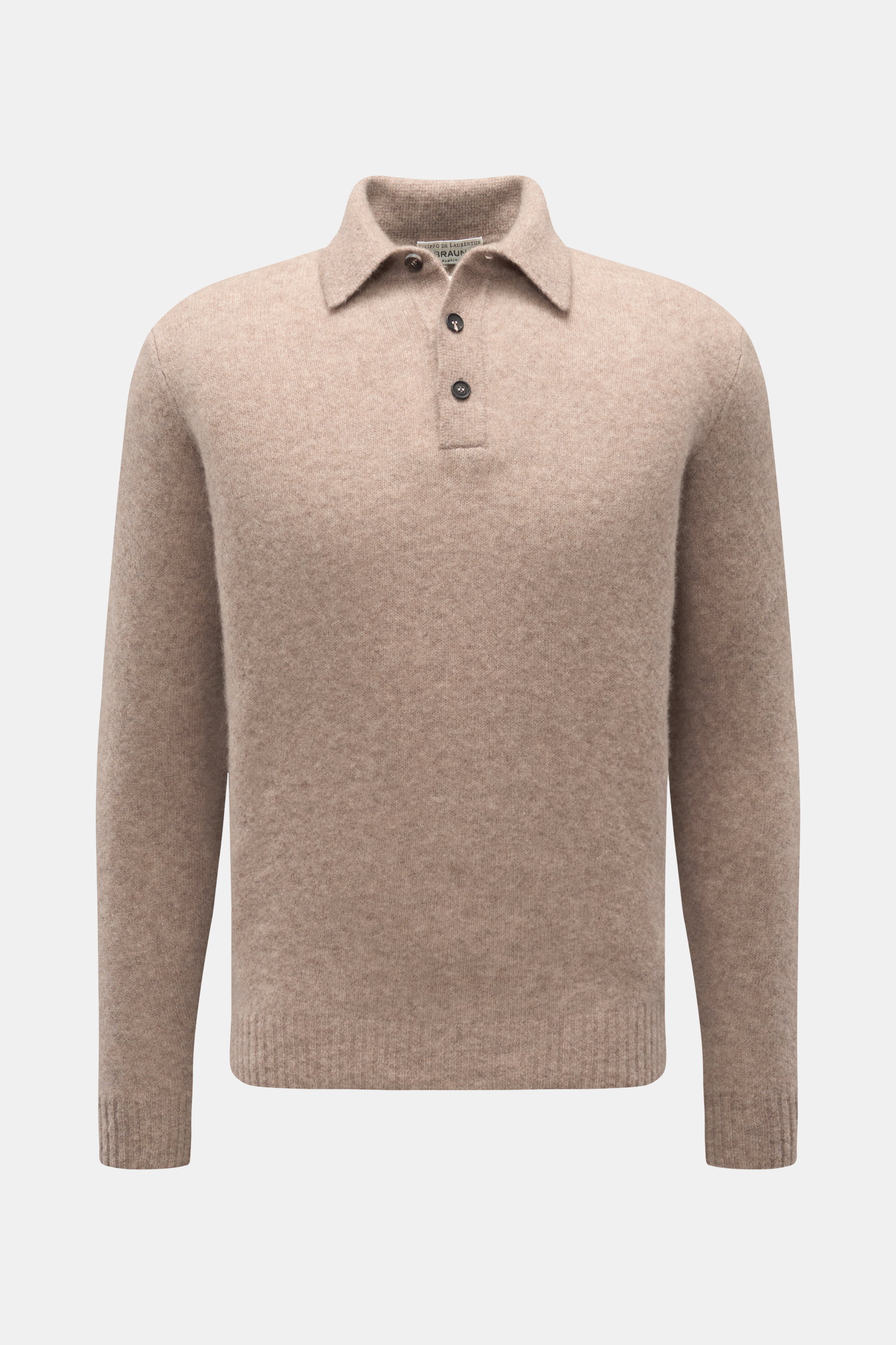 Filippo de Laurentiis Strickpolo beige meliert, Slim Fit, Polokragen, Drei-Knopf-Leiste, Rippbündchen, feines Strickbild, weich, voluminös, Cashmere, Seide, Microfaser, frontale Ansicht.