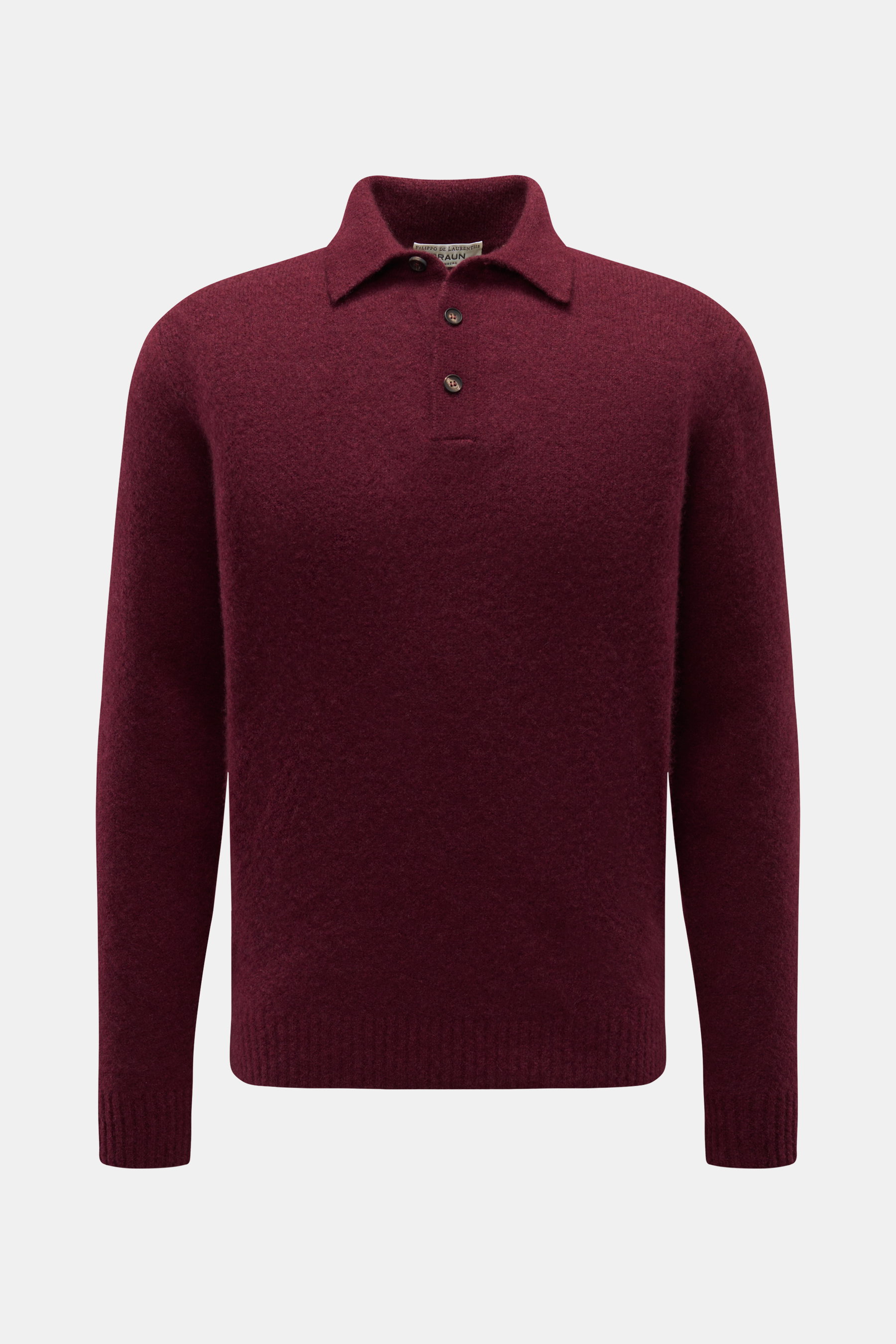 Filippo de Laurentiis Strickpolo bordeaux, frontal, Slim Fit, Polokragen, Drei-Knopf-Leiste, Rippbündchen, feines Strickbild, weich, aus Cashmere, Seide, Microfaser.