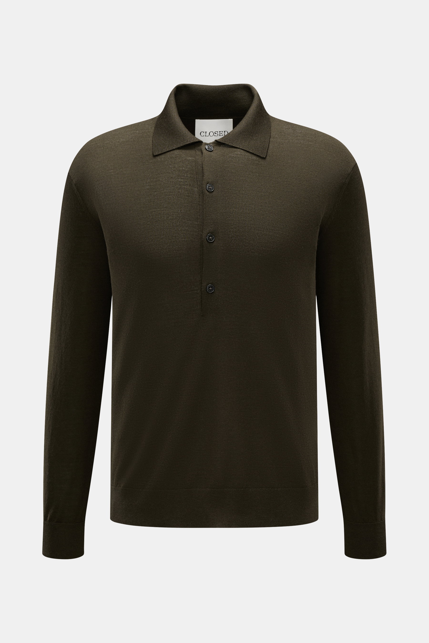Closed Feinstrickpolo dark olive, Frontansicht, Feinstrick aus Wolle, Slim Fit, weicher Griff, gestrickter Polokragen, Vier-Knopf-Leiste, Rippbündchen.
