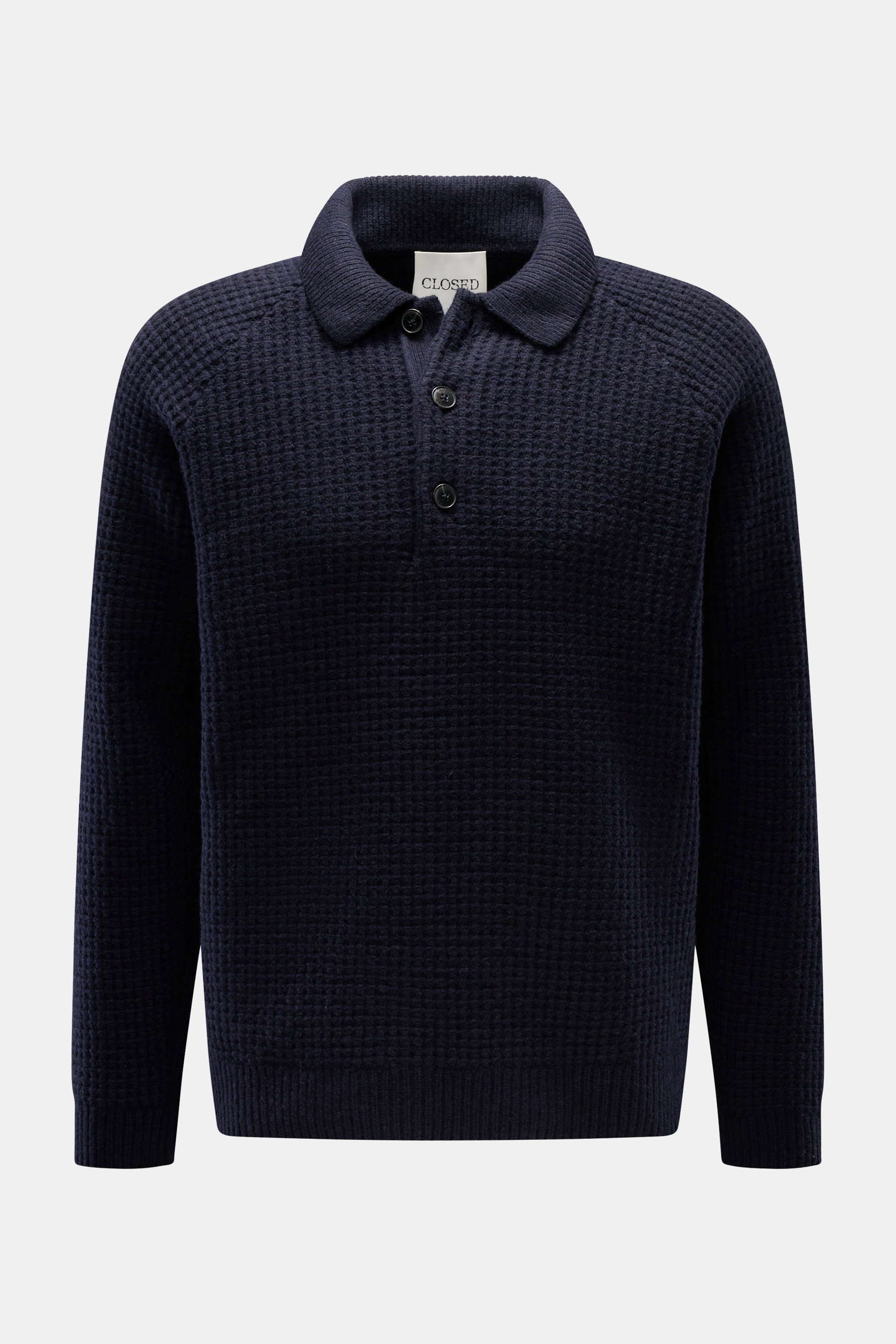 Closed Strickpolo navy in Slim Fit, grober Waffelstrick aus reiner Wolle, Polokragen, Drei-Knopf-Leiste, Rippbündchen, frontale Perspektive.