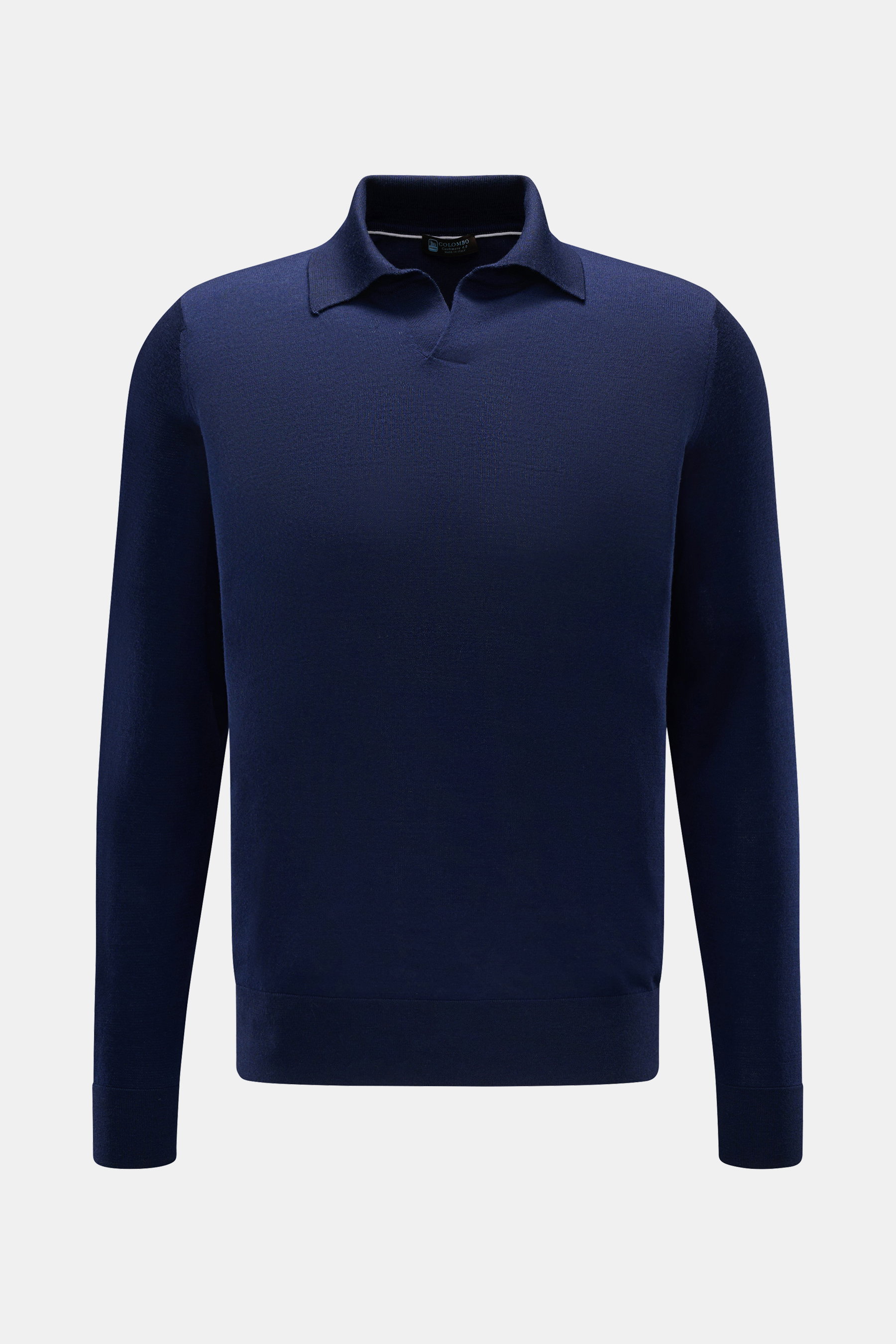 Colombo Cashmere Strickpolo dunkelblau, frontale Ansicht, reiner Cashmere, weicher Griff, feines Strickbild, Regular Fit, Umlegekragen, flexible Rippbündchen.