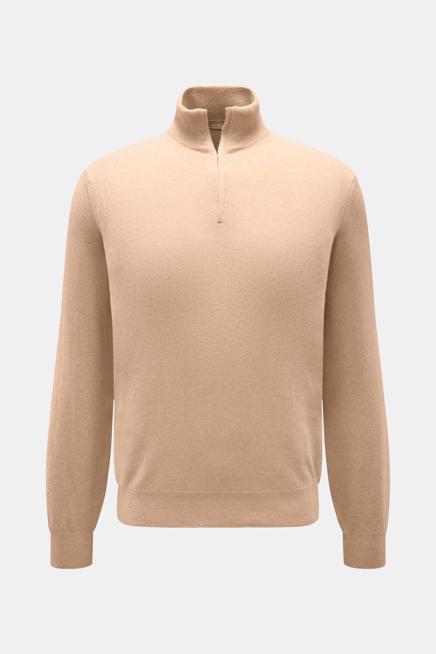 Cruciani Cashmere Troyer beige, frontal fotografiert, Slim Fit, reiner Cashmere, feines Strickbild, Troyer-Kragen mit Zipper, elastische Bündchen.