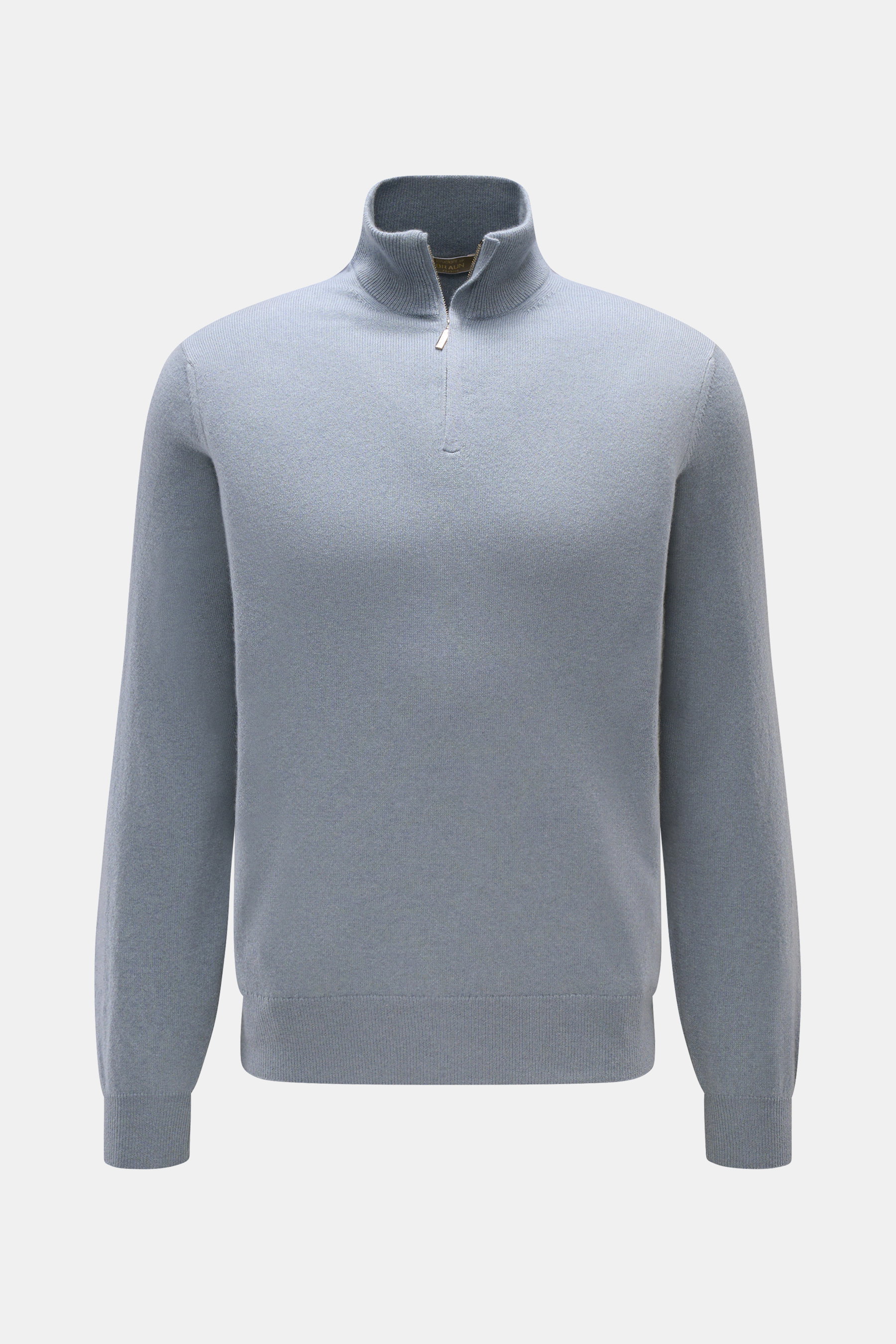 Cruciani Cashmere Troyer rauchblau, slim fit, feines Strickbild, Troyer-Kragen mit Zipper, elastische Rippstrickbündchen, Frontansicht.