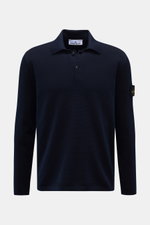 Front view of Stone Island Strickpolo navy in finely textured pure cotton knit with classic polo collar, smooth button placket, and iconic compass badge on the upper arm, featuring a regular fit, lightly grainy touch, double-stitched hems, and side slits.