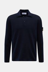Front view of Stone Island Strickpolo navy in finely textured pure cotton knit with classic polo collar, smooth button placket, and iconic compass badge on the upper arm, featuring a regular fit, lightly grainy touch, double-stitched hems, and side slits.