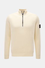 Front view of Stone Island Troyer pastellgelb, a slim fit, pastel yellow cotton knit sweater with ribbed collar, zipper, raglan sleeves, and brand badge on upper arm. <p>Vielseitiger Begleiter in der Übergangszeit: Der Troyer von STONE ISLAND wird mit sei