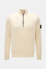 Front view of Stone Island Troyer pastellgelb, a slim fit, pastel yellow cotton knit sweater with ribbed collar, zipper, raglan sleeves, and brand badge on upper arm. <p>Vielseitiger Begleiter in der Übergangszeit: Der Troyer von STONE ISLAND wird mit sei