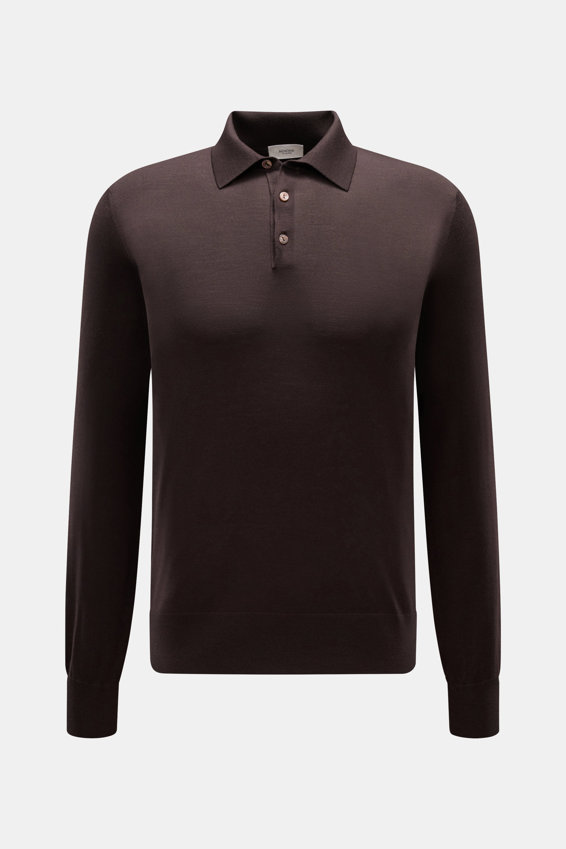 Agnona Knit polo dark brown shown from the front, slim fit pure wool fine knit with collar, three-button placket, ribbed bands, and metal logo. 

<p>A midsummer night’s dream: This pure wool fine knit polo by AGNONA is a must for every man’s wardrobe and 