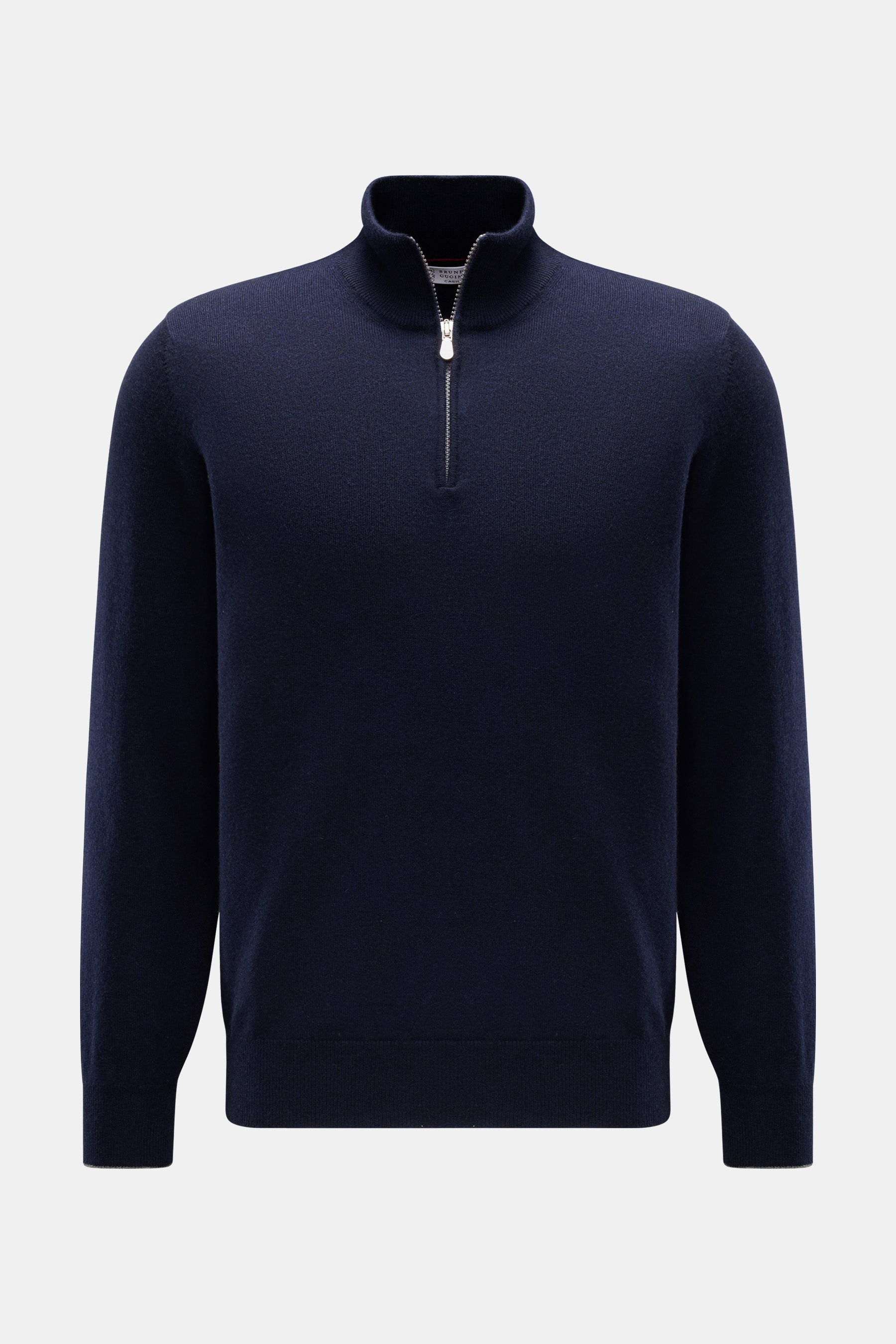 Brunello Cucinelli Cashmere Troyer navy, von vorne fotografiert, aus reinem Cashmere mit Troyer-Kragen, Reißverschluss, Regular Fit, weichem Griff.
