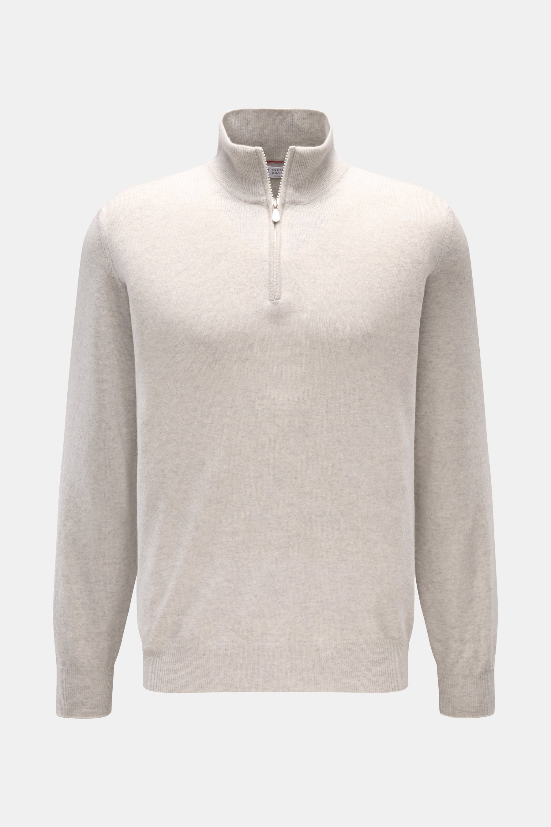 Brunello Cucinelli Cashmere Troyer hellgrau meliert, frontale Ansicht, Regular Fit, feines Strickbild, Troyer-Kragen mit Reißverschluss, reine Cashmere-Qualität.