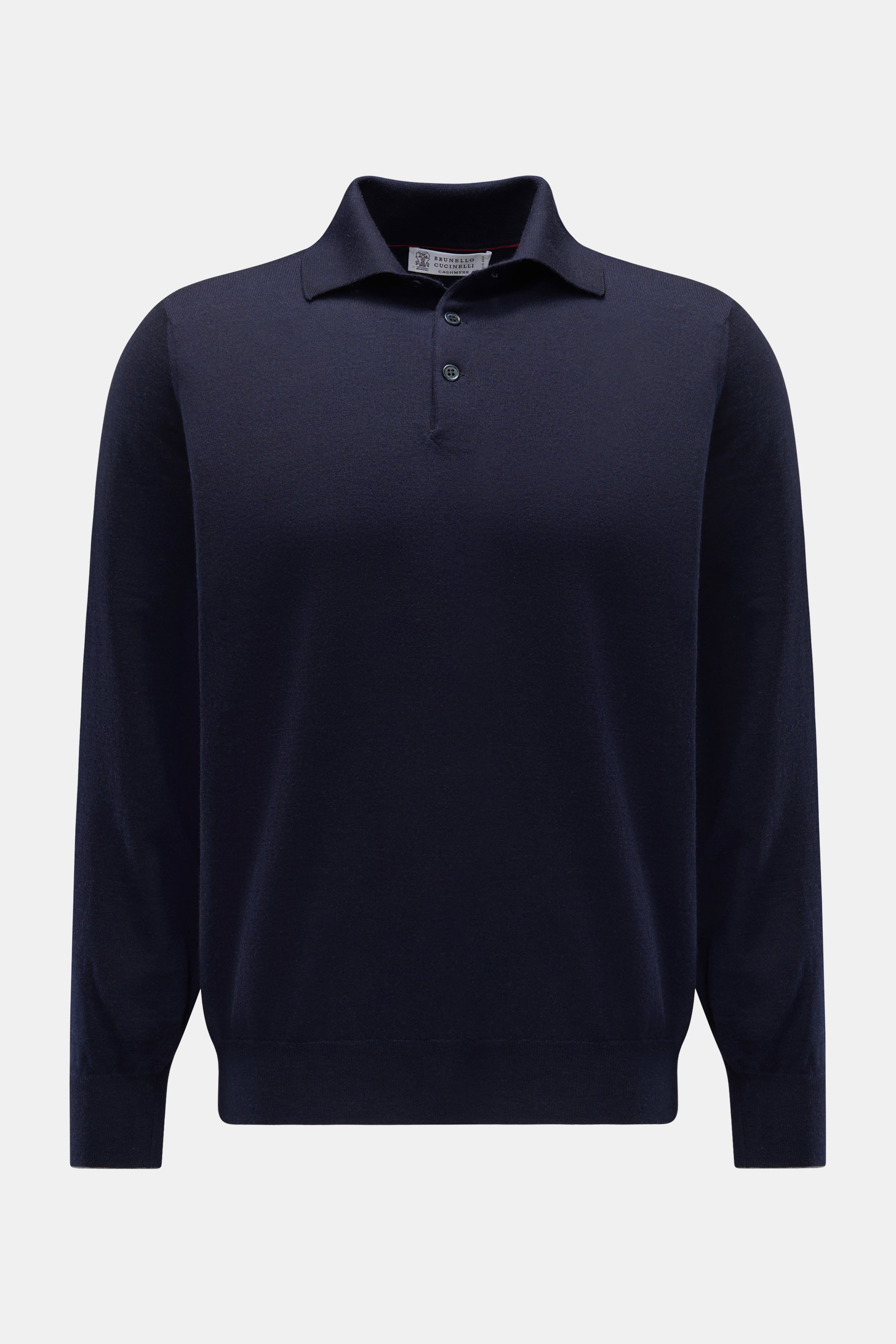 Brustansicht des Brunello Cucinelli Strickpolo navy aus leichtem Strick mit Schurwolle-Cashmere, Regular Fit, Polokragen, Drei-Knopf-Leiste.