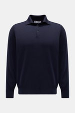 Front view of the Brunello Cucinelli Strickpolo navy, a long-sleeve polo shirt made from a mix of virgin wool and cashmere with a soft touch, fine knit, slim contrast edges, regular fit, classic collar, three-button placket, and flexible ribbed cuffs. <p>