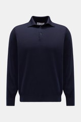 Front view of the Brunello Cucinelli Strickpolo navy, a long-sleeve polo shirt made from a mix of virgin wool and cashmere with a soft touch, fine knit, slim contrast edges, regular fit, classic collar, three-button placket, and flexible ribbed cuffs. <p>