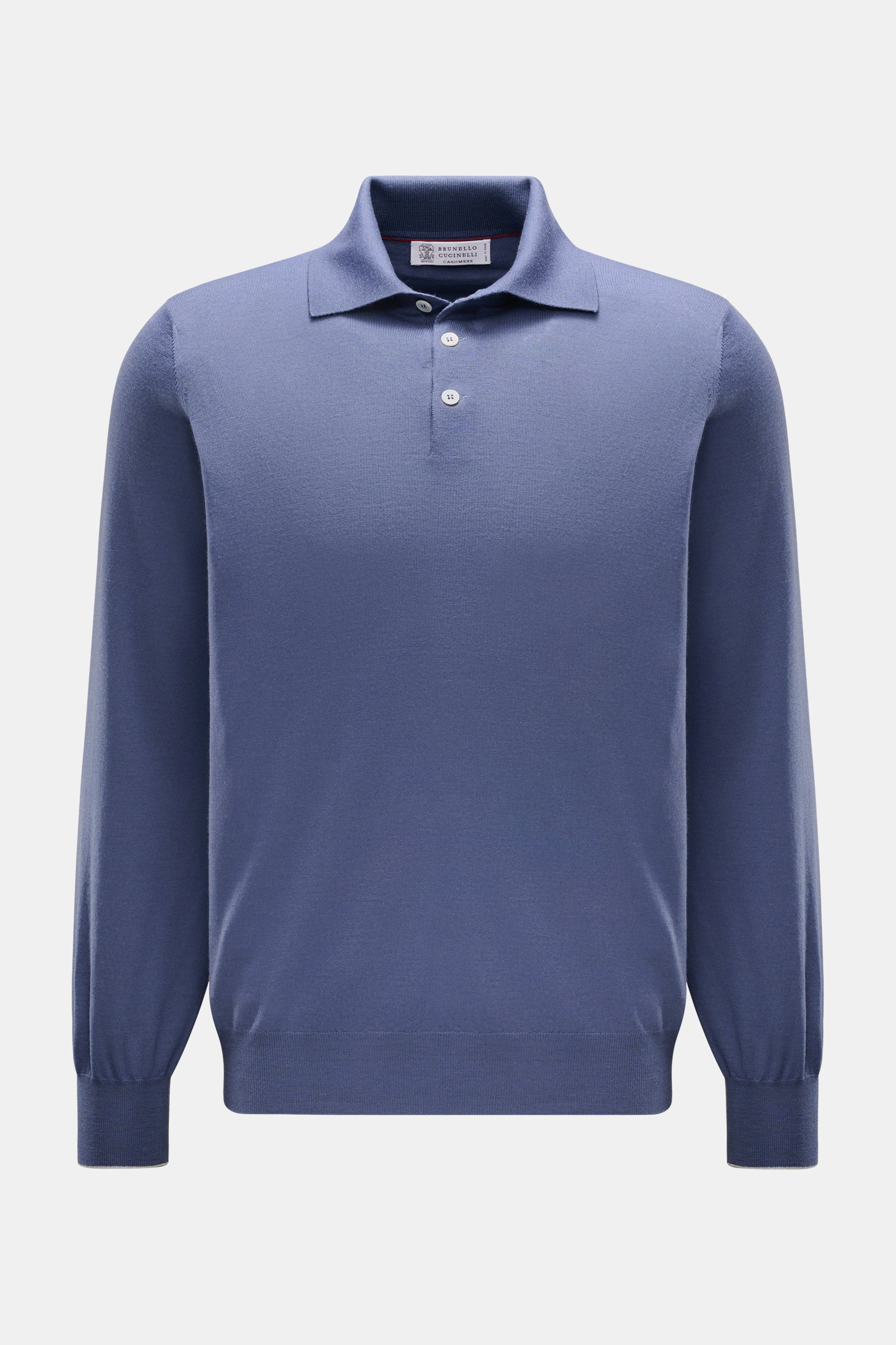 Brunello Cucinelli Strickpolo blau, frontal fotografiert, Regular Fit, klassischer Polokragen, drei Knöpfe, feines Strickbild, Schurwolle-Cashmere-Mix.