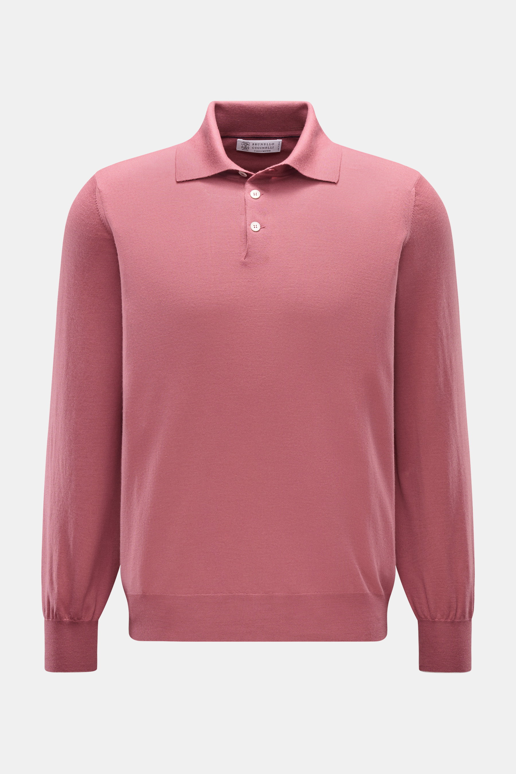 Brunello Cucinelli Strickpolo altrosa, frontal fotografiert, aus feinem Strick mit Schurwolle und Cashmere, Regular Fit, Polokragen, Drei-Knopf-Leiste, flexible Rippbündchen.