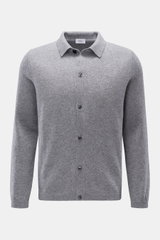 Front view of von Braun Cashmere knit shirt grey melange in fine Mongolian cashmere with slim fit, button placket, turn-down collar, and ribbed bands.

<p>Luxurious winter essential: This VON BRAUN knit shirt in the finest Mongolian cashmere has a timeles