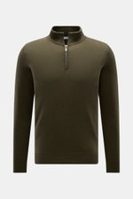 Front view of von Braun Cashmere half-zip jumper olive in fine knit, slim fit, pure cashmere with a soft feel and ribbed bands.

<p>This clean VON BRAUN half-zip jumper made from high-quality and exceptionally fine Mongolian cashmere combines a timeless d