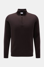 von Braun Cashmere half-zip jumper dark brown shown from the front on a neutral background, featuring a clean design, pure cashmere, very soft feel, fine knit, slim fit, signature half-zip with zip, and flexible ribbed bands. <p>This clean VON BRAUN half-