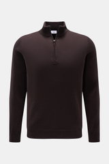 von Braun Cashmere half-zip jumper dark brown shown from the front on a neutral background, featuring a clean design, pure cashmere, very soft feel, fine knit, slim fit, signature half-zip with zip, and flexible ribbed bands. <p>This clean VON BRAUN half-