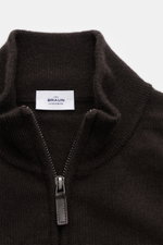 von Braun Cashmere half-zip jumper dark brown shown from a close-up top-front perspective, featuring a fine knit, slim fit, flexible ribbed bands, and signature zip. This clean VON BRAUN half-zip jumper made from high-quality and exceptionally fine Mongol