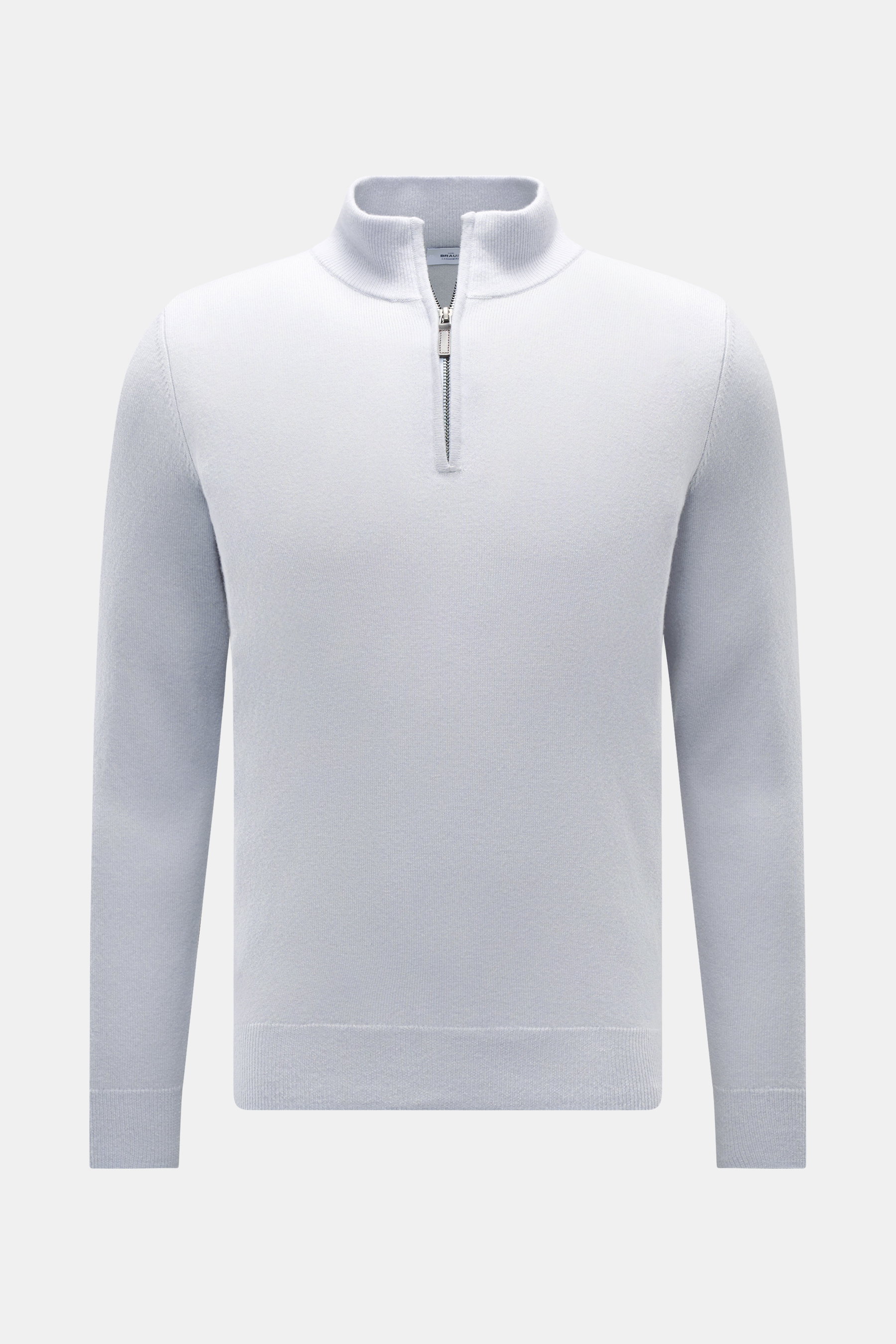 von Braun Cashmere Troyer hellblau, Slim Fit, feines Strickbild, reiner Cashmere aus Mongolei, weicher Griff, Troyerkragen mit Zipper, flexible Rippbündchen, Frontansicht