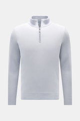 von Braun Cashmere half-zip jumper light blue shown from the front, pure cashmere, very soft feel, fine knit, slim fit, half-zip with zip, flexible ribbed bands. <p>This clean VON BRAUN half-zip jumper made from high-quality and exceptionally fine Mongoli