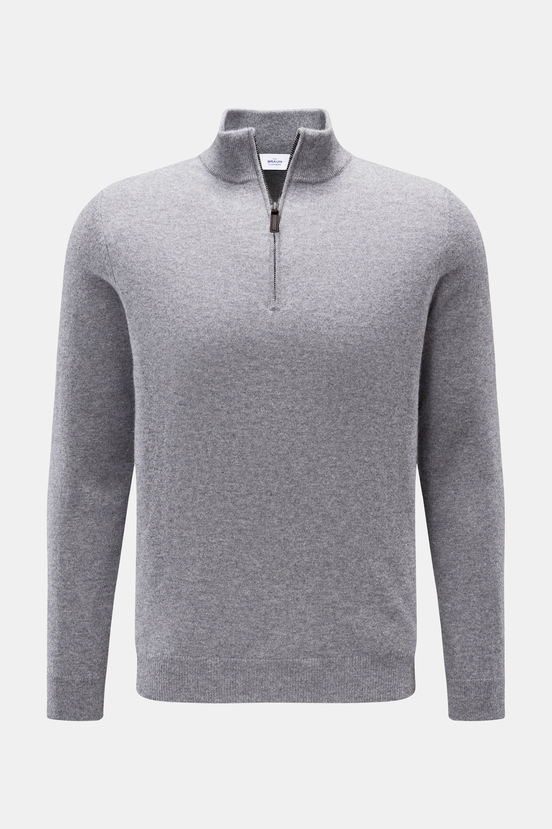 von Braun Cashmere Troyer grau meliert in Slim Fit, frontale Ansicht, feines Strickbild, Troyerkragen mit Zipper, weicher Griff, reine Cashmere-Qualität.