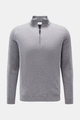 Front view of von Braun Cashmere half-zip jumper grey mottled in fine knit with slim fit, pure cashmere, ribbed bands, and signature zip.

<p>This clean VON BRAUN half-zip jumper made from high-quality and exceptionally fine Mongolian cashmere combines a 