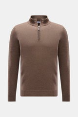 Front view of von Braun Cashmere half-zip jumper brown mottled in fine knit, slim fit with flexible ribbed bands and silver zip. <p>This clean VON BRAUN half-zip jumper made from high-quality and exceptionally fine Mongolian cashmere combines a timeless d