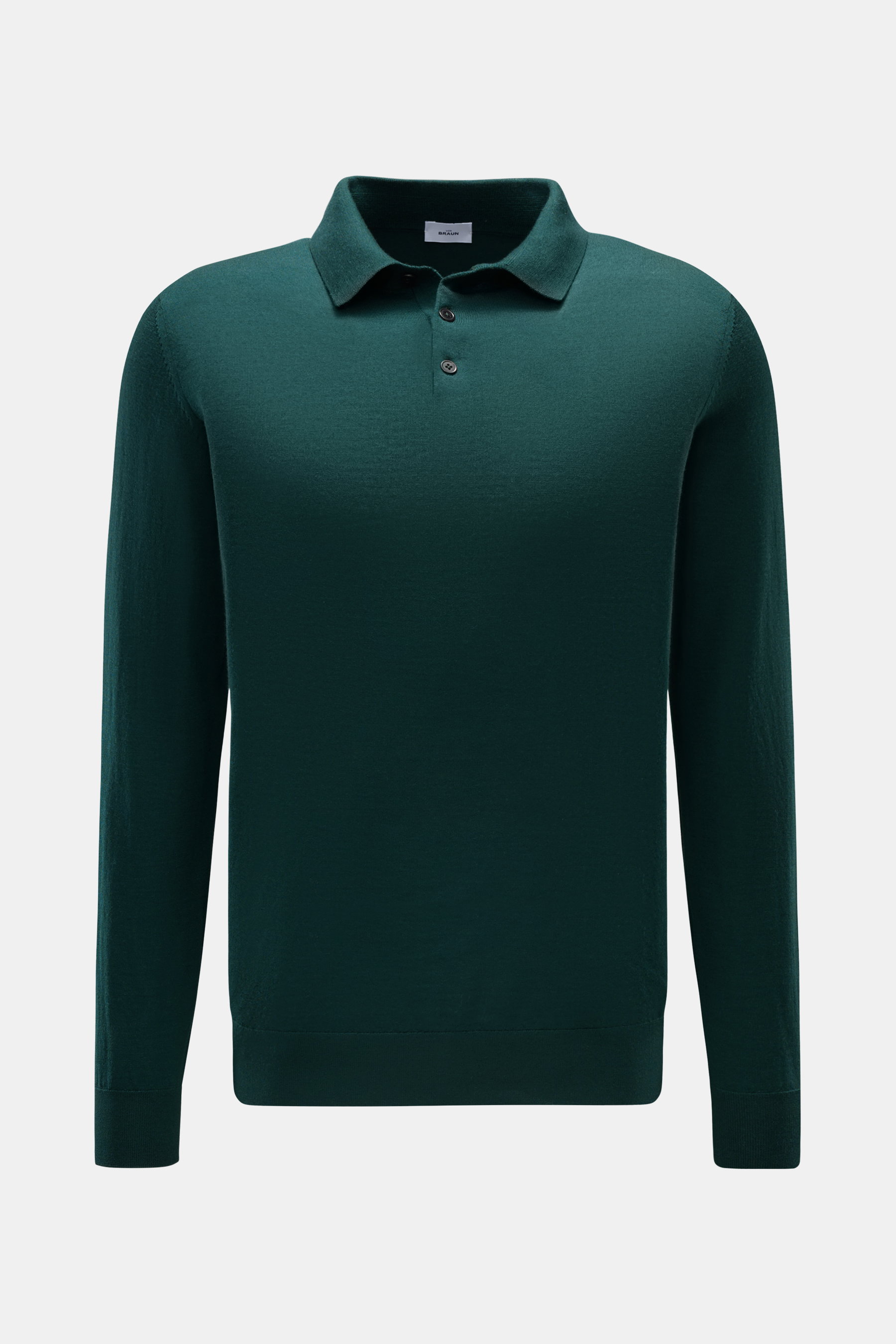 Front view of von Braun Merino fine knit polo dark green in slim fit, featuring a narrow collar, three-button placket, and ribbed bands.

Description: <p>Pure Merino wool in a comfortable fine knit makes this knit polo from the brand VON BRAUN a luxurious