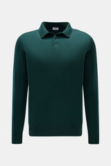 von Braun Merino Feinstrickpolo dunkelgrün, frontale Ansicht, Slim Fit, schmaler Polokragen, glatte Drei-Knopf-Leiste, Rippbündchen, reine Merinowolle, feines Strickbild, geschmeidig.