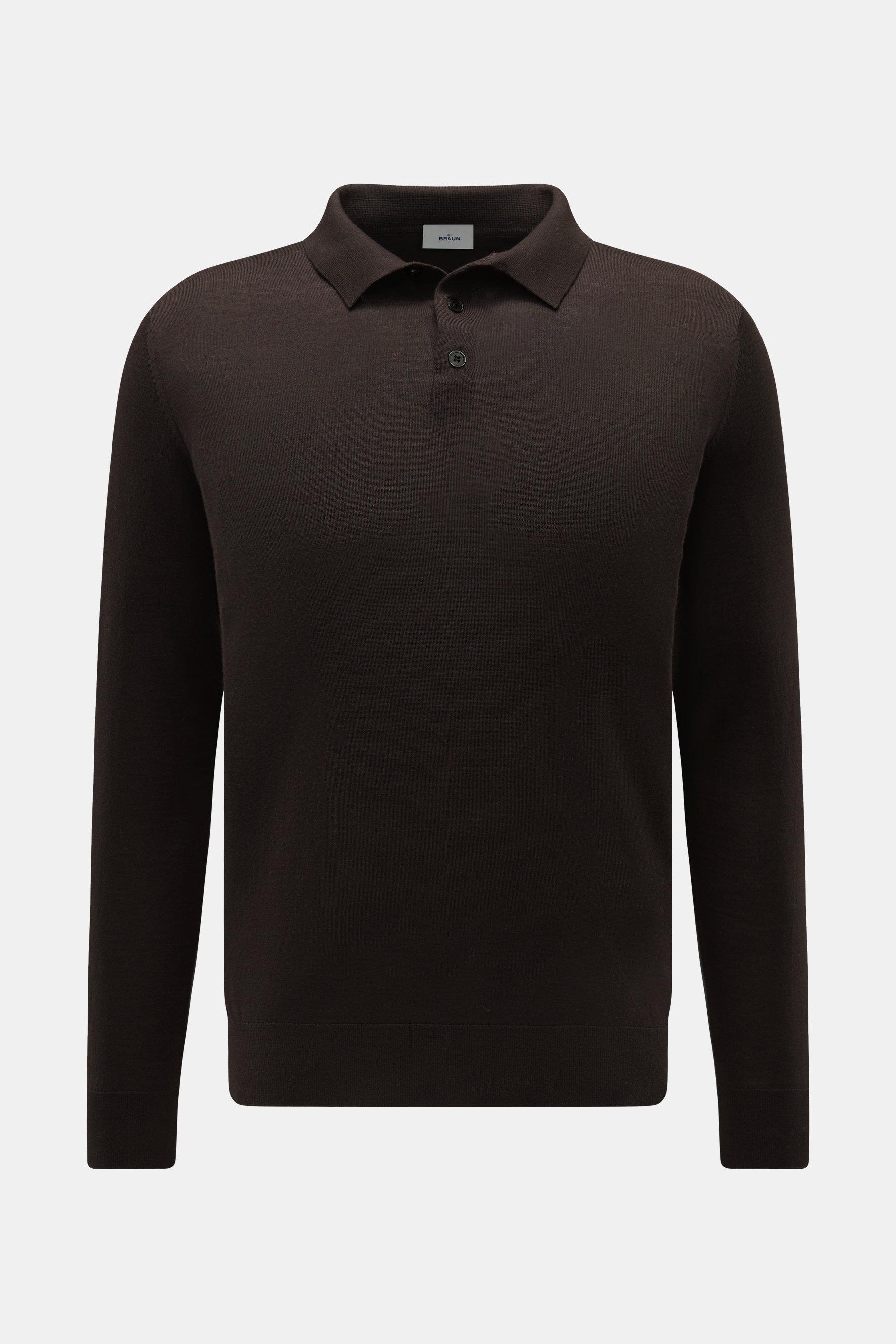 von Braun Merino Feinstrickpolo dunkelbraun, Slim Fit, reine Merinowolle, feines Strickbild, schmaler Polokragen, Drei-Knopf-Leiste, Rippbündchen, frontal fotografiert.