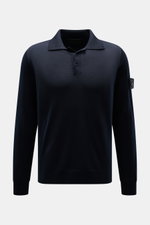 Stone Island Strickpolo 'Ghost Pure Light Wool' navy, Frontansicht, feine Wolle, Regular Fit, Umlegekragen, Kompass-Badge, weicher Griff, Rippbündchen.