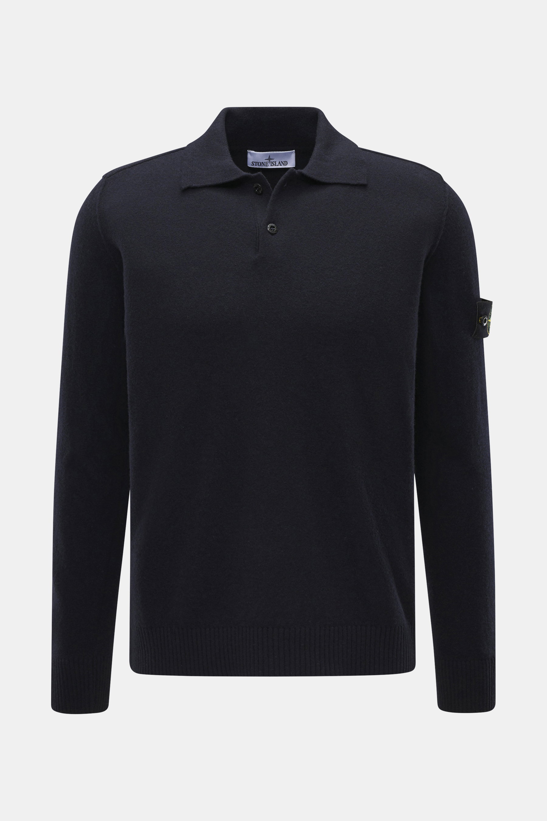 Stone Island Strickpolo navy, Frontansicht, reine Schurwolle, feines Strickbild, weiche Qualität, Regular Fit, gestrickter Polokragen, Zwei-Knopf-Leiste, STONE ISLAND-Weblabel, elastische Bündchen.