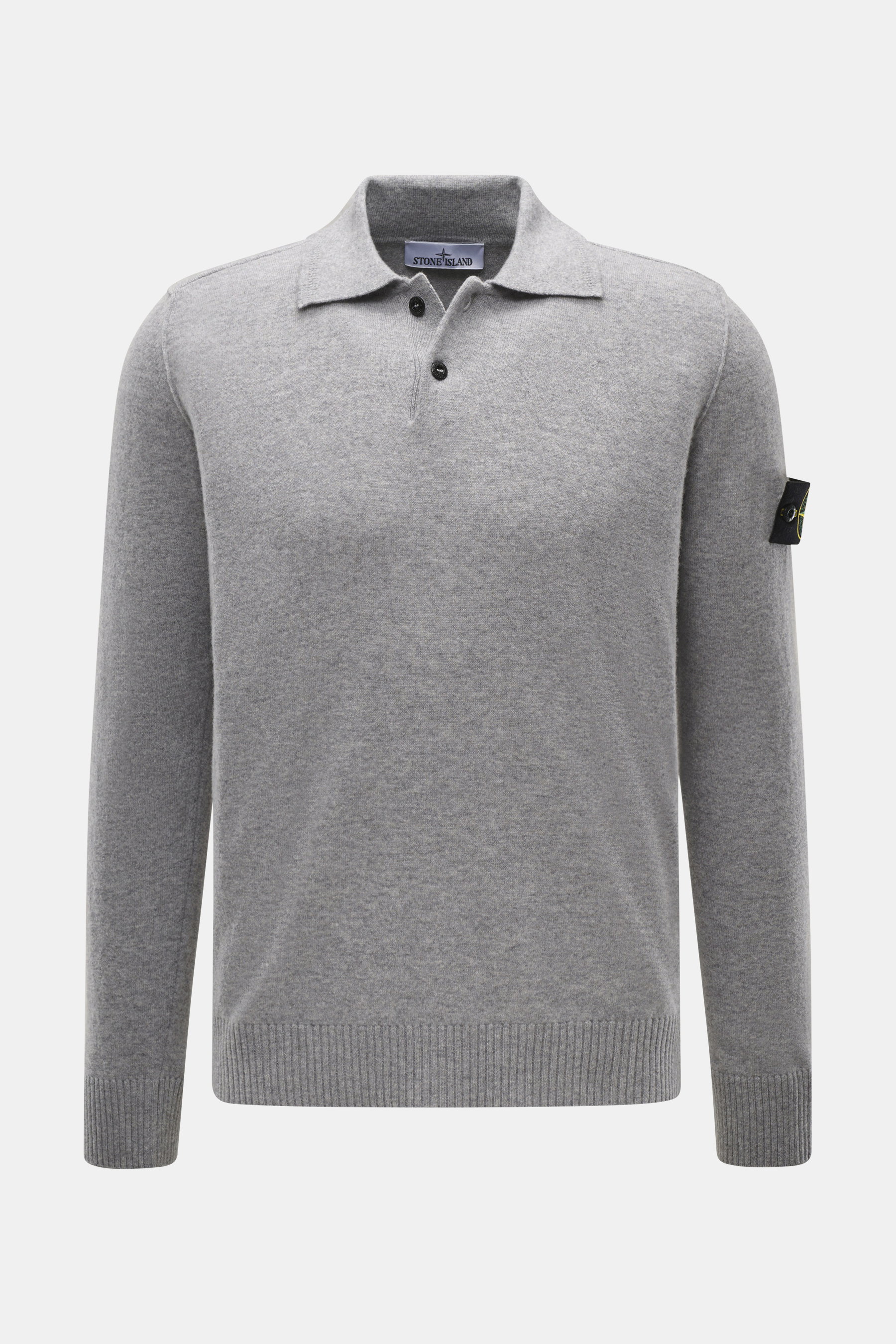 Stone Island Strickpolo grau meliert, Frontansicht, reine Schurwolle, feines Strickbild, weiche Qualität, Regular Fit, gestrickter Polokragen, Zwei-Knopf-Leiste, STONE ISLAND-Weblabel, elastische Bündchen.