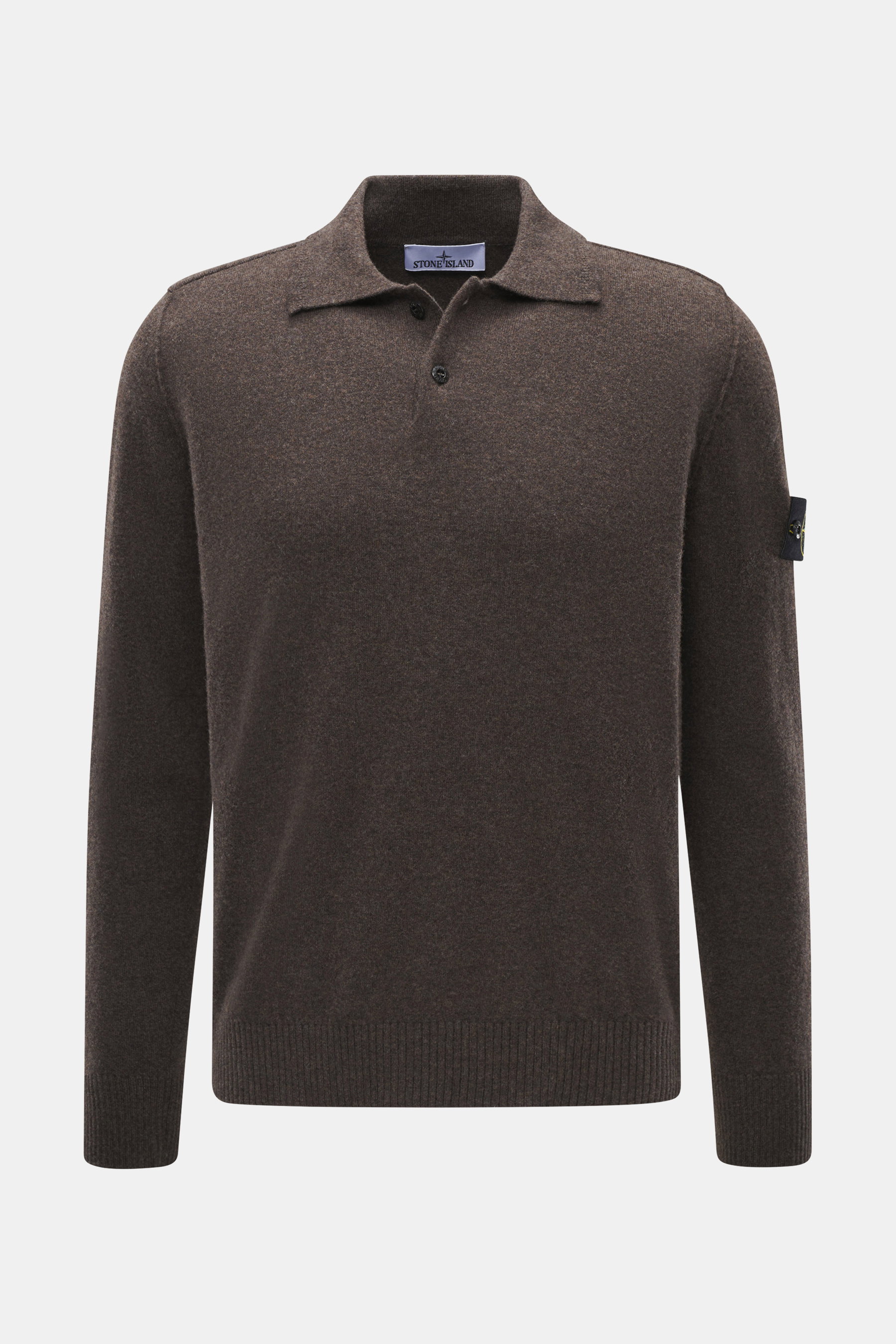 Stone Island Strickpolo dunkelbraun meliert, Frontansicht, reine Schurwolle, feines Strickbild, weiche Qualität, Regular Fit, gestrickter Polokragen, Zwei-Knopf-Leiste, STONE ISLAND-Weblabel, elastische Bündchen.