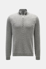 Front view of Emporio Armani Quarter-zip jumper grey/dark grey striped, pure new wool, soft feel, fine knit pattern, striped look, regular fit, stand up zip-collar, ribbed cuffs.