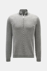 Front view of Emporio Armani Quarter-zip jumper grey/dark grey striped, pure new wool, soft feel, fine knit pattern, striped look, regular fit, stand up zip-collar, ribbed cuffs.