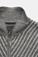 Close-up front view of Emporio Armani Quarter-zip jumper grey/dark grey striped showing stand-up zip-collar, pure new wool, soft feel, fine knit pattern, knit pattern in striped look, regular fit, and comfortable ribbed cuffs.